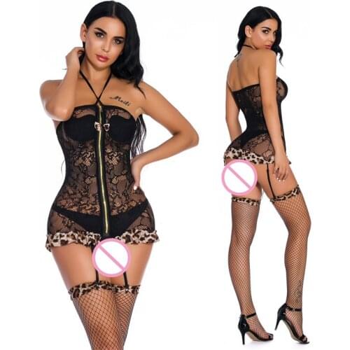Erotic lingerie jumpsuit babydoll leopard short skirt zipper style socks tight uniform temptation stockings sexy pajamas set