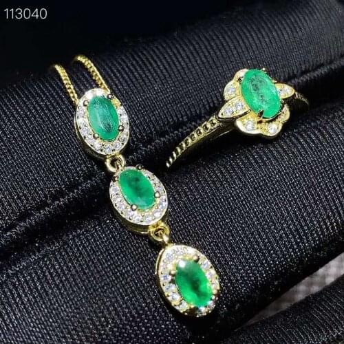925 Silver Jewelry set Natural emerald Pendant Ring sets Women Jewelry