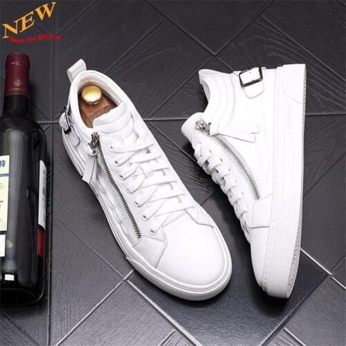 Fashion White Leather Sneakers Punk Men High Tops Hip Hop Casual Shoes Flat Shoes Zapatillas Hombre