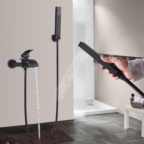 Matte Black Bathtub Shower Faucets Set Dual Knobs Mixer Tap Wall Mounted Bath Shower Set Swivel Tub Long Spout Bath Shower