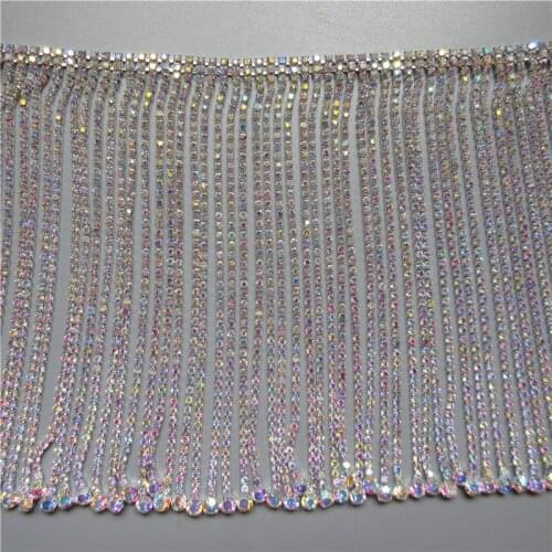 14CM wide AB Diamond Rhinestones Tassel Trim Fringe Blinking Crystal Metal Chain For Dress Bag Shoes Accessories ( 1 yard)