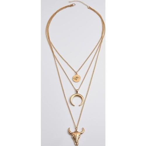 Multilayer Vintage Fashion Evil Eye Bull Head Crescent Pendant Necklace for Women Girl Boho Gold Silver Color Half Moon Necklace