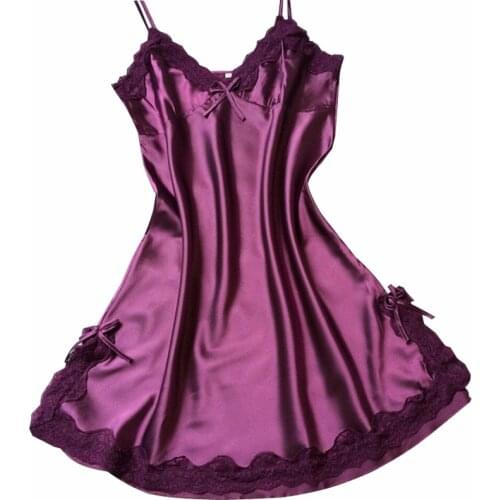 Sanderala Sexy Silk Sleepwear Satin Nightgown V-neck Nightdress Slip Nighties Summer Night Dress Lace Nightgown Lingerie Women