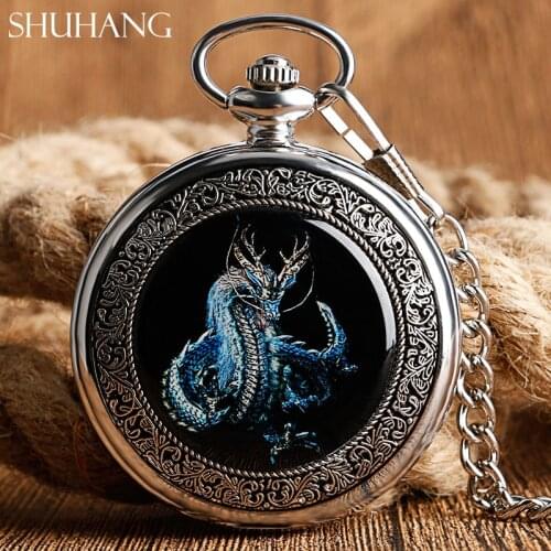 2017 New Fashion Dragon Design Silver Mechanical Hand Winding Pocket Watch With Chain Men Steampunk Fob Watch Relogio De Bolso