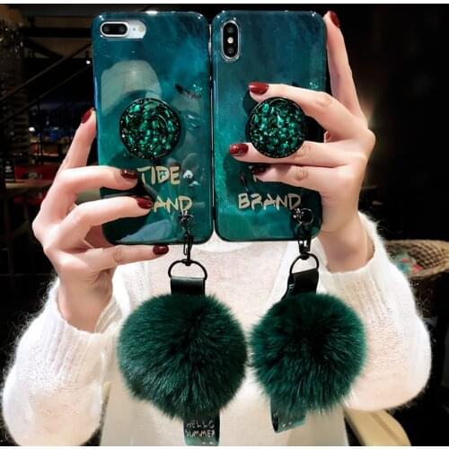 New Emerald Color Fur ball Strap Stand holder Phone case For Samsung Note20Plus S20Plus A51 A71 A21S S7Edge A21 IMD Capa Funds