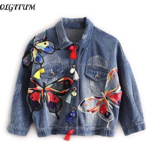 OLGITUM HOT 2019 new Colorful Butterfly Embroidery Ladies Jackets Patch fashion Women Denim Coats with Tassel frayed Slim Jacket