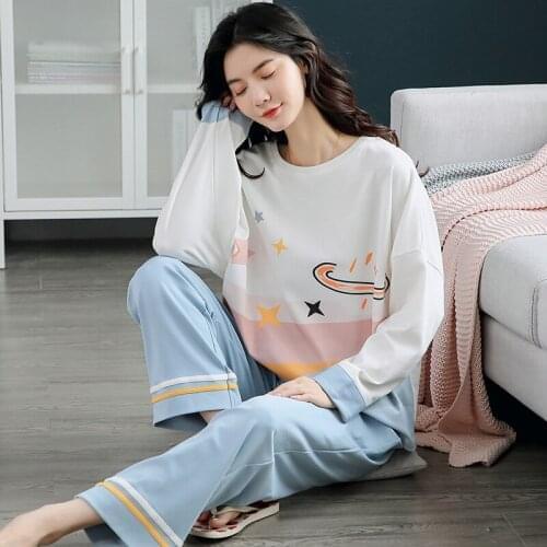 Autumn Winter Cotton Cartoon Pajamas Set Women Pyjamas Homewear Long sleeve Sleepwear Plus size Loose Night suit Female Pijama