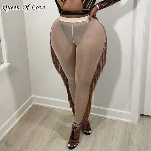 Sexy Bodycon Skinny Pant 2021 Summer Fashion Elegant Women See Through Mesh Side Tassel Sheer Leggings Trousers