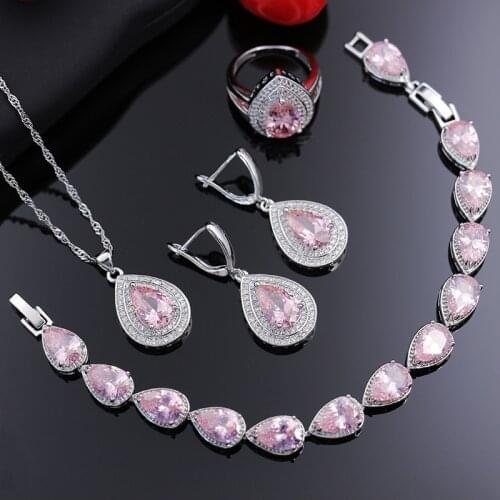 Princess Pink Water Drop 925 Sterling Silver Costume Jewelry Earrings Ring Necklace With Bracelet Bridal Jewelry