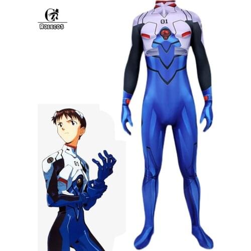 ROLECOS Ainme EVA Cosplay Shinji Ikari Costume Cosplay Leather Costume Shinji Ikari Blue Bodysuit Jumpsuit Catsuit Halloween