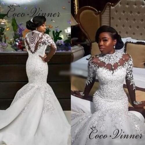 High Neck Heavy Beading Mermaid Wedding Dress Africa New Design Illusion Back Good Quality Lace Appliques Bride Dress W0329