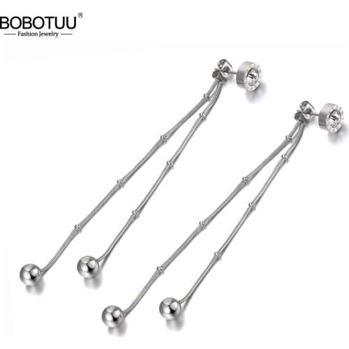 BOBOTUU Vintage 316L Stainless Steel Roman Numerals Tassel Drop Earrings For Women Bohemia CZ Crystal Dangle Earrings BE20069