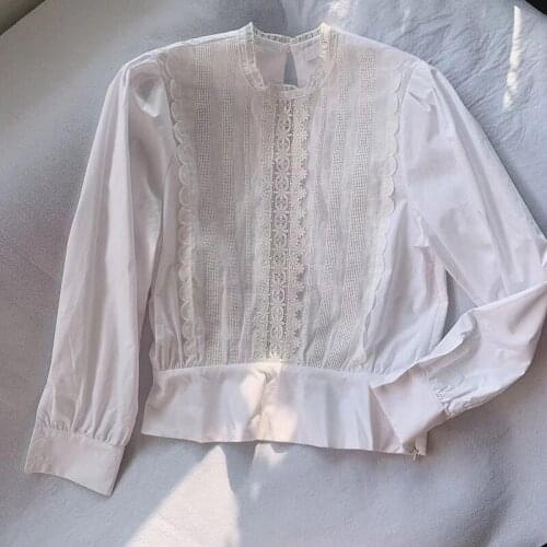 Patads light luxury French lace shirt autumn winter long sleeve solid color stitching hollow out sweet beauty to00221