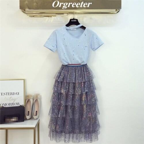 Women Summer Hollow Print T-Shirt and Rainbow Striped Patchwork Sequined Mesh Skirt Set Cascading Ruffles Midi Skirt 2 piece Set