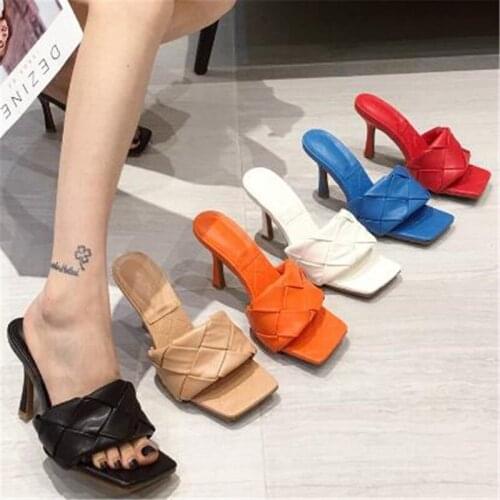 Women sandals PU Slip On 8CM Thin Heels High heels Square Toe Shallow women shoes sandalias mujer 2020 size 35-42 blue white