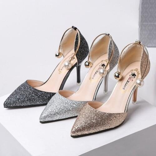 2021 New Women Fashion High Quality Silver Pearl High Heel Pumps Bridal Sexy Wedding Golden High Heel Shoes Women Sandals