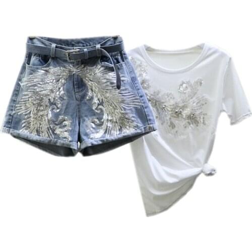 2020 Women Summer Denim Shorts T-shirt Two-piece Embroidery Sequins High Waist Jeans Shorts Short-sleeved T-shirt 2 Piece Set