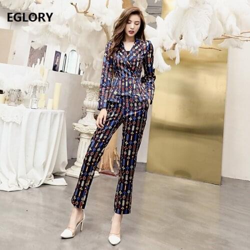 Top Quality Womens Set 2020 Autumn Blazer Set Female Beading Print Blazer Suit+Skinny Pants Sets Ladies Casual Work Suits 2 pcs