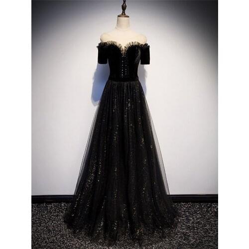 Vestido De Festa Scoop Neck Black Evening Dresses Long Dress Newest Short Sleeve A-line Evening Dress Elegant Robe De Soiree