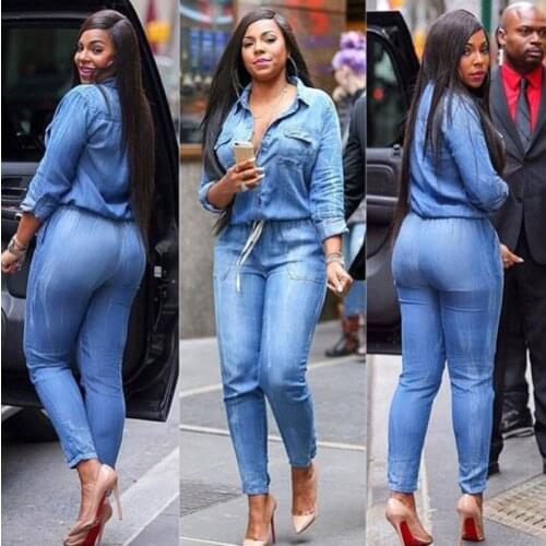 @40 Denim Overalls Women Casual Cowboy Office Wear Jumpsuits Deep V Sexy Long Sleeves Bandage Elastic Waist Jumpsuits Body Mujer