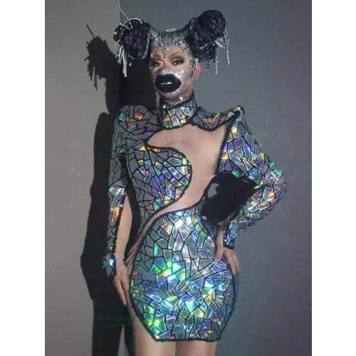 Sparkling Silver Mirror Dresses For Women Singer Stage Perofrmance Costume Sexy Mesh Hollow Evening Dress Party Club Dj Clothing