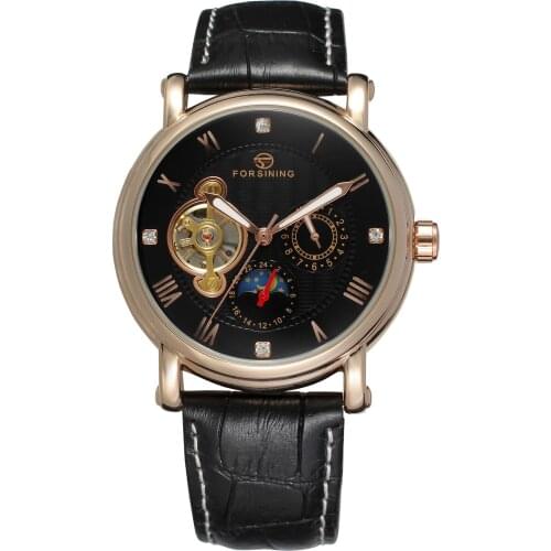 Forsining Top Brand Moon Phase Shanghai Movement Rose Gold Case Brown Genuine Leather Mens Watches Luxury Auotmatic Dress Clock