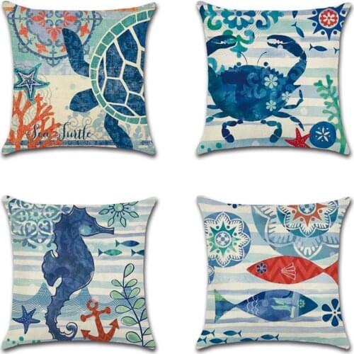 Sea Turtle Printed Cushion Cover Cotton Linen Ocean Sea Horse Printed Home Decor Pillowcase Octopus Sofa Cushion Case