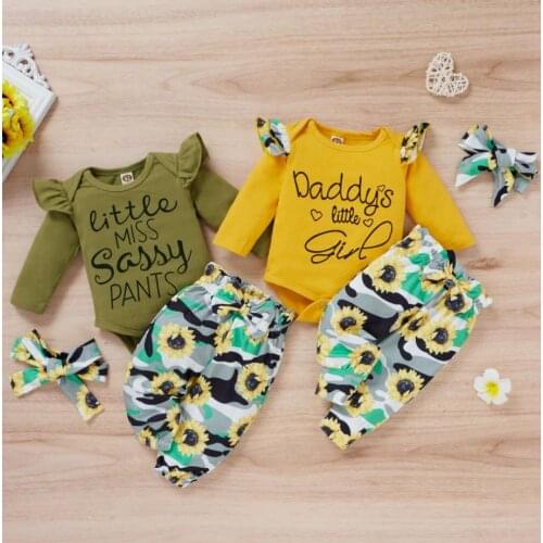 Baby Girls Clothes Set Letter Print Long Sleeve O-neck Romper Sunflower Print Trousers Headband Cotton Babys Sets