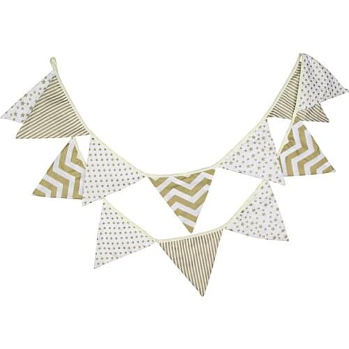 3.2m 12 Flags Gold Star Wave Stripe Cotton Banner Pennant Garland Childrens Day Kids Baby Birthday Bunting Wedding Party Decor
