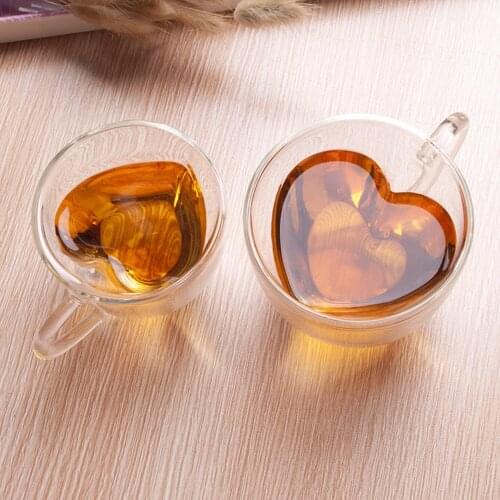 Homies 180ml/240ml Heart Love Shaped Double Wall Glass Mug Resistant China tea cup double glass Coffee/Tea/Cute/Travel Cups mug