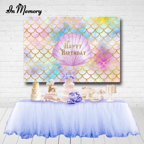 InMemory Pink Mussel Coloful Gold Fish Scales Girls Mermaid Birthday Backdrop Under The Sea Party Photography Backgrounds
