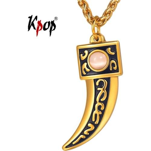Kpop Wolf Teeth Necklace Rock Punk Jewelry Stainless Steel Gold Color Natural Opal Tooth Charm Necklace for Men P3532
