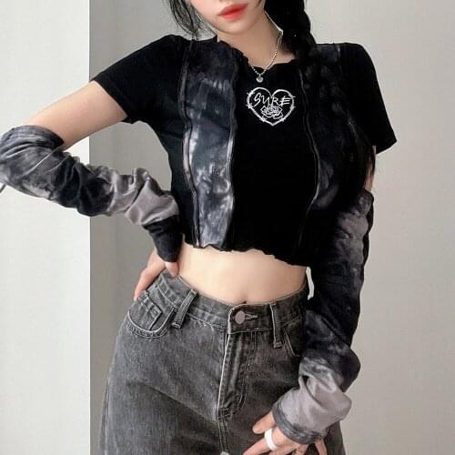 Y2K Tie Dye Crop Top Heart Patchwork Casual Tshirt With Sleeve Harajuku Frills Black Tees O Neck Women Autumn Sweats