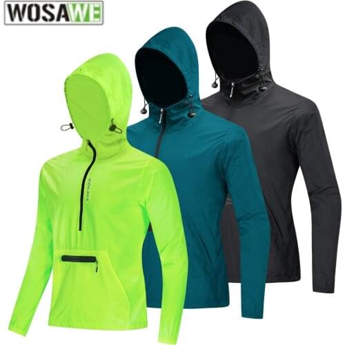 WOSAWE Mens Windproof Cycling Jacket Reflective Hooded Full Zipper Windbreaker Long Sleeve MTB Jackets Outdoor Sports Coat