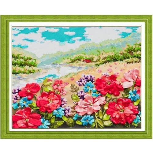 Needlework,DIY Ribbon Cross stitch Sets for Embroidery kit, Beautiful flowers floral Cross-Stitch handcraft wall home decor