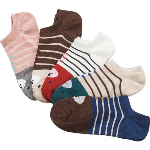 5 Pairs Women Socks Casual Cotton Cute Girls Ankle Socks Durable Low Cut Invisible Striped Funny Animals Lady Sock Meias Hosiery