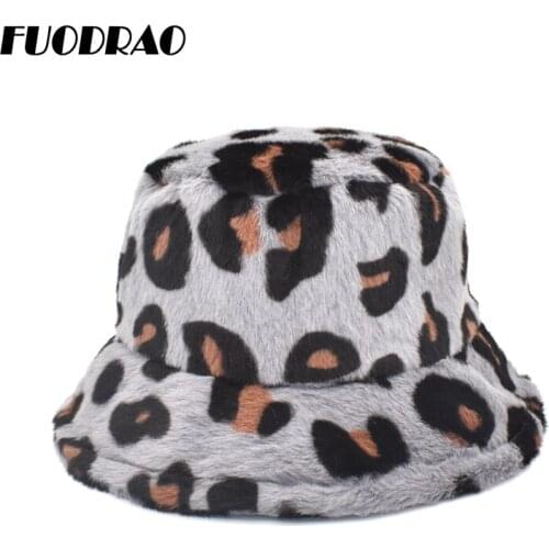 FUODRAO New Winter Warm Panama Faux Fur Luxury Bucket Hat For Women Leopard Print Outdoor Fisherman Hat Girls Basin Cap M138