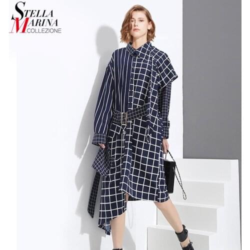 New 2020 Autumn Winter Woman Blue Asymmetrical Plaid Shirt Dress & Sashes Long Sleeve Ladies Stylish Party Dress Robe Femme 3209