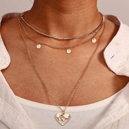 European and American Cross-Border New Necklace Creative Retro Small round Heart-Shaped Hollow Map Pendant Multi-Layer