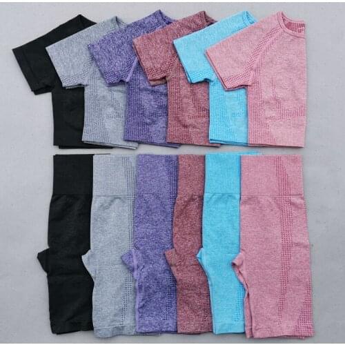 New Seamless Yoga Set Workout Clothes For Women Fitness Shorts+Short Sleeve Crop Top 2 Piece Gym Sets Sportswear Sports Suits