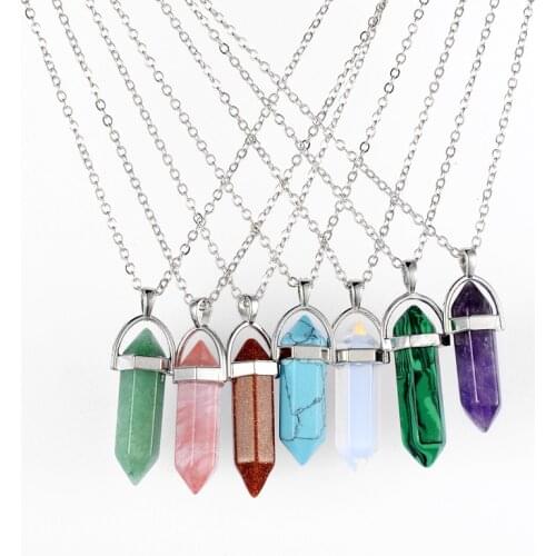 Couple Gifts Real Raw Gem Pink Purple Crystal Hexagonal Bullet Reiki Point Chakra Natural Stone Pendant Necklace Women Jewelry