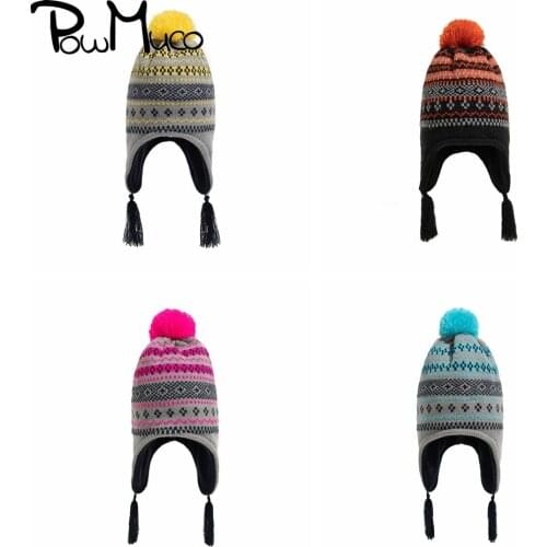 Powmuco 20*30 CM Plush and Thickened Baby Girls Hats Fashion Handmade Knitted Caps with Tassel Winter Warm Children Bonnet