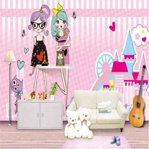 Custom wallpaper cartoon girl pink background decoration - high-grade waterproof material
