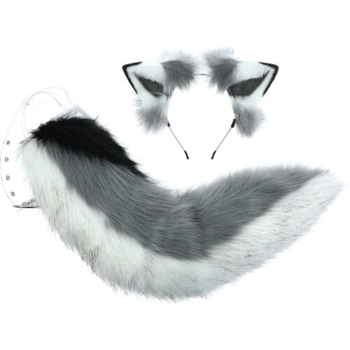 Adult Kids Fluffy Plush Pointed Cat Wolf Ears Hair Clips with Long Animal Tail Kit Halloween Anime Cosplay Party Costume