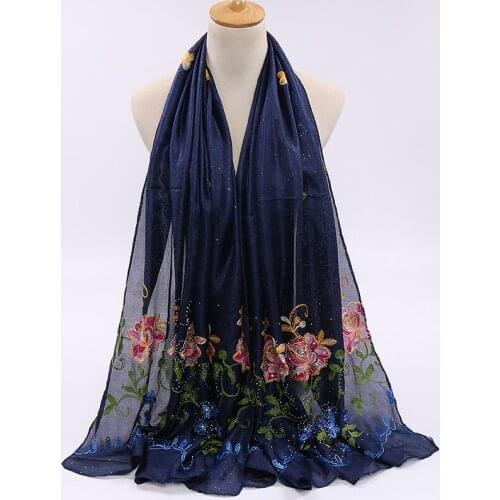 Embroidery Flower Hijabs Scarf Glitter Silk Linen Shawls Scarves Women Muslim Wraps Headband Long Pashmina 180*85cm 1PC Retail