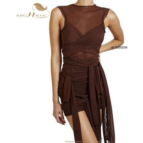 Ribbons Mesh See Through Bodycon Party Dresses Women Sexy Clubwear Mini Dress Solid Sleeveless Basic Female Outfits VD2142