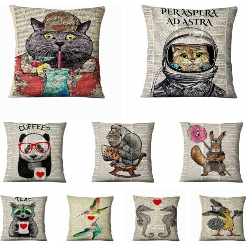 Old Newspaper Art Cushion Decorative Pillow Retro Animal Thin Linen Pillowcase Almofadas Decorativas Para Sofa Throw Pillow