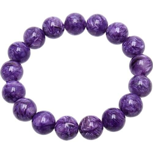 10-14mm AAA Genuine Natural Round Stone Purple Charoite Stretch Bracelet-8"