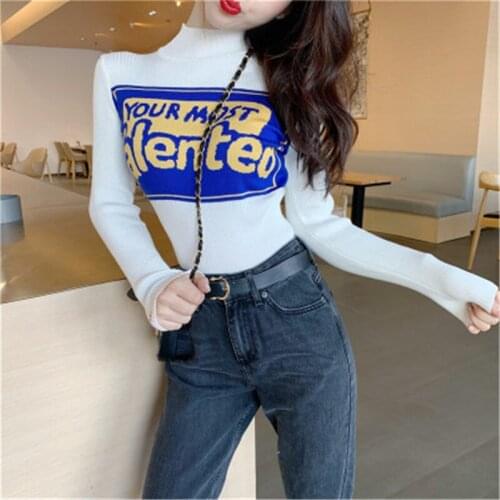 Hit Color Letter Bottoming Sweater Women Autumn Fashion Cool New Casual Half-high Collar Knit Pullovers Females White Sweaters