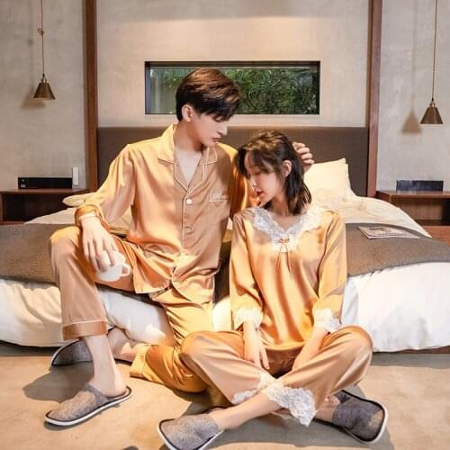 Spring Couple Lace Trim Ice Silk Pajamas Set Lovers Men Women Long Sleeve Pants Sleepwear Satin Homewear Nightwear